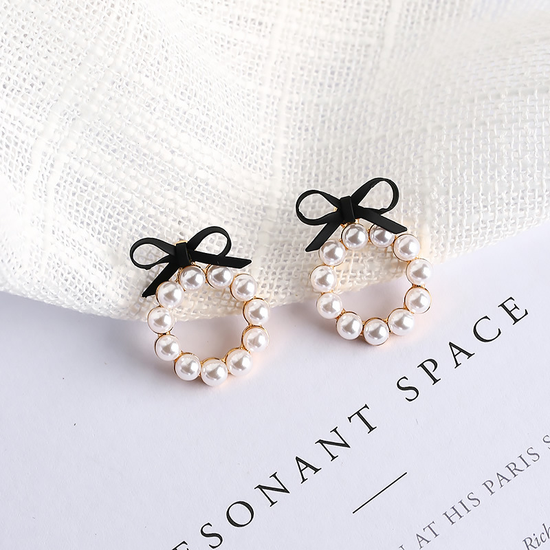 Geometric Pearl Stud Earrings Chic Cute Girl Bow Round Drop Earrings