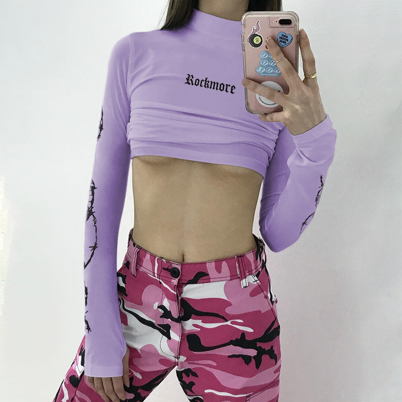 Letter Print Small Turtleneck Short Long Sleeve T-Shirt Thin Sweatshirt