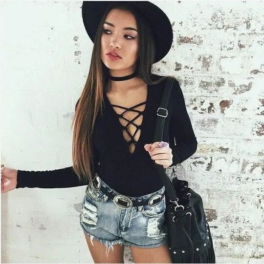 Threaded V neck tie with crossover pants Black - Shop at LoveMi