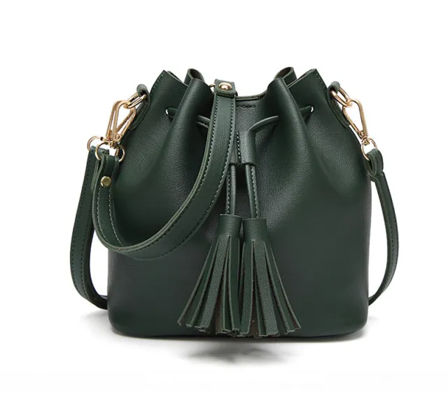 Vintage Fashion Small Women Leather Bucket Bag Handbag Tassel Drawstring Shoulder Bag Green - Shop at LoveMi