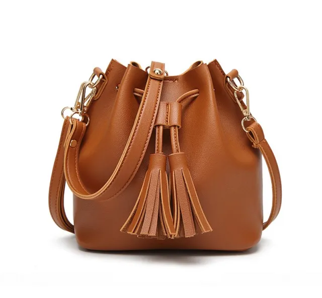 Vintage Fashion Small Women Leather Bucket Bag Handbag Tassel Drawstring Shoulder Bag Brown - Shop at LoveMi