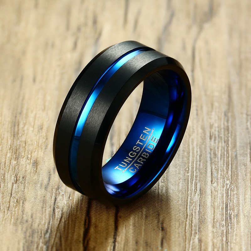 Classic Two-tone Tungsten Steel Ring Blue Tungsten Gold Men's Ring in Lasha Groove