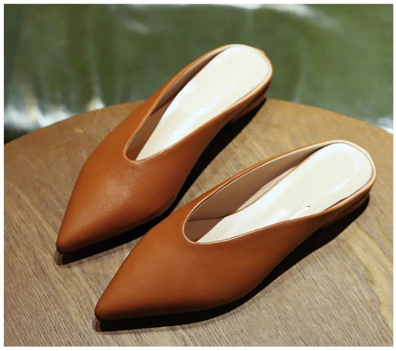 Half-to-single shoes female flat-bottomed pointed thick with lazy wild Korean version with spring female single shoes female - Brown
