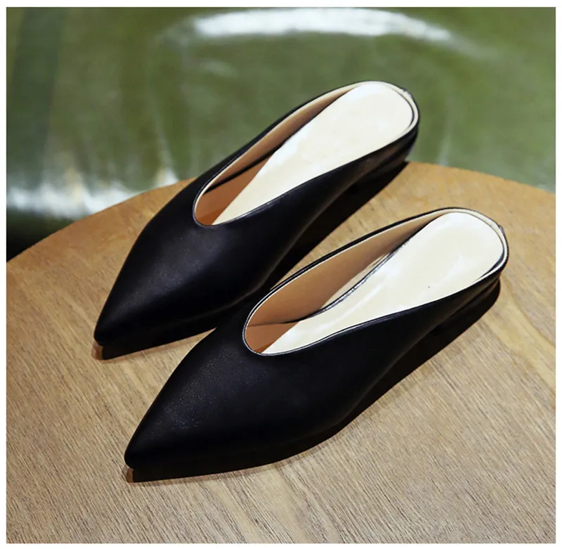 Half-to-single shoes female flat-bottomed pointed thick with lazy wild Korean version with spring female single shoes female - Black