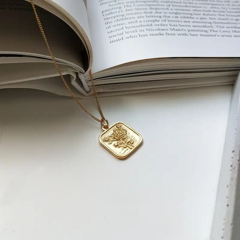 925 sterling silver heart Geometric necklace gold round Glossy surface square card rose flowers pendant necklace for women gift