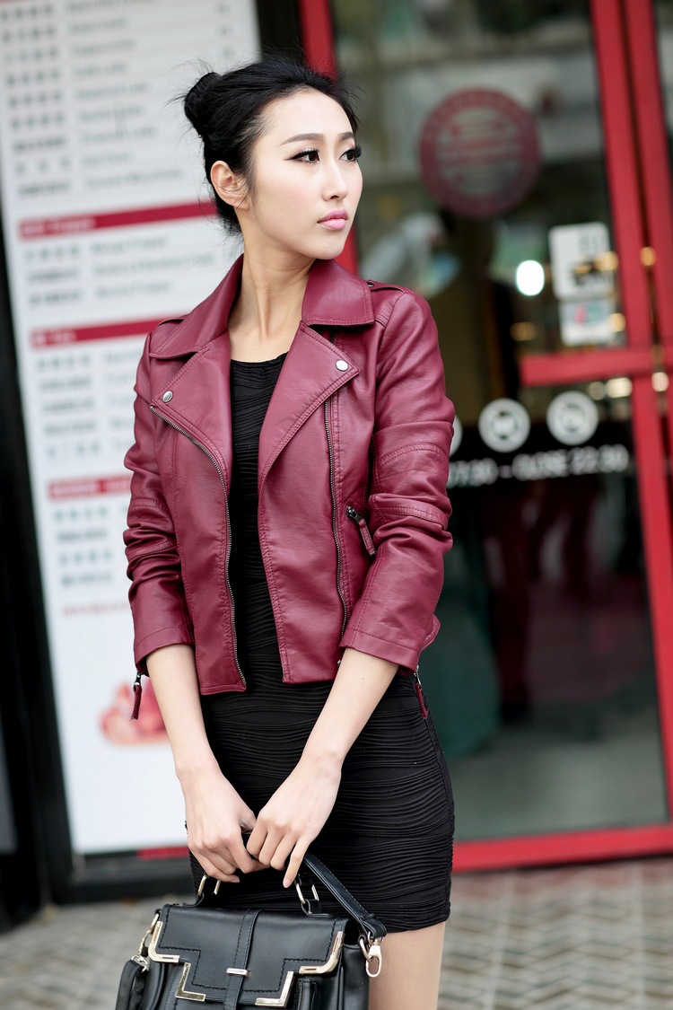 Women's jacket European and American style women's leather clothes Diagonal zipper motorcycle leather short autumn women's leather Wine - Shop at LoveMi