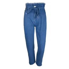 vintage tassels high waist jeans with gu charge women summer autumn - Deep Blue - View 1
