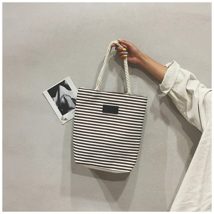 Casual Ladies Shoulder Stripe Tote Summer Beach Bag Shopping Big Girl Large Female Travel Woman Handbags Bohemian Bag - Coffee