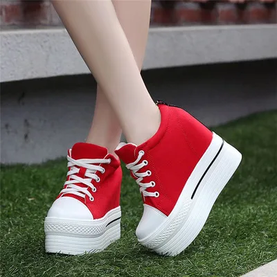 Thick soled super high heel 11CM increased women's shoes casual canvas laced muffin bottom shoes Red - Shop at LoveMi