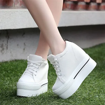 Thick-soled super high heel 11CM increased women's shoes casual canvas laced muffin bottom shoes - White