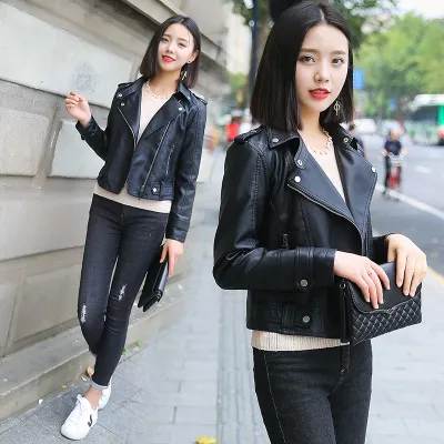 Wild leather women's short section Korean version of the pu Slim jacket jacket autumn and winter motorcycle clothing Black Washed Leather - Shop at LoveMi