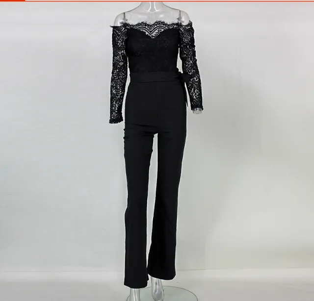 Lace stitching collar collar butterfly jumpsuit big trousers Black - Shop at LoveMi