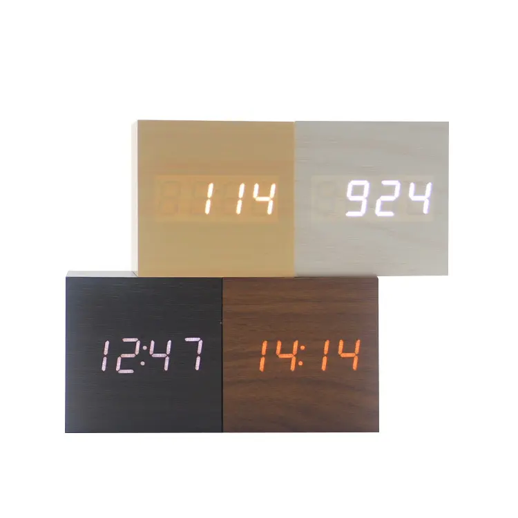 Minimalist Cube Shaped Sound-sensitive Wooden Digital Clock with Temperature
