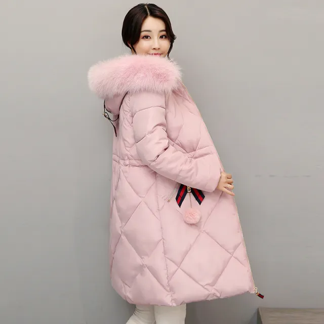 Fashion cotton padded clothes autumn and winter new Korean long style ladies' cotton padded clothes thickened slim women's large size coat Pink - Shop at LoveMi
