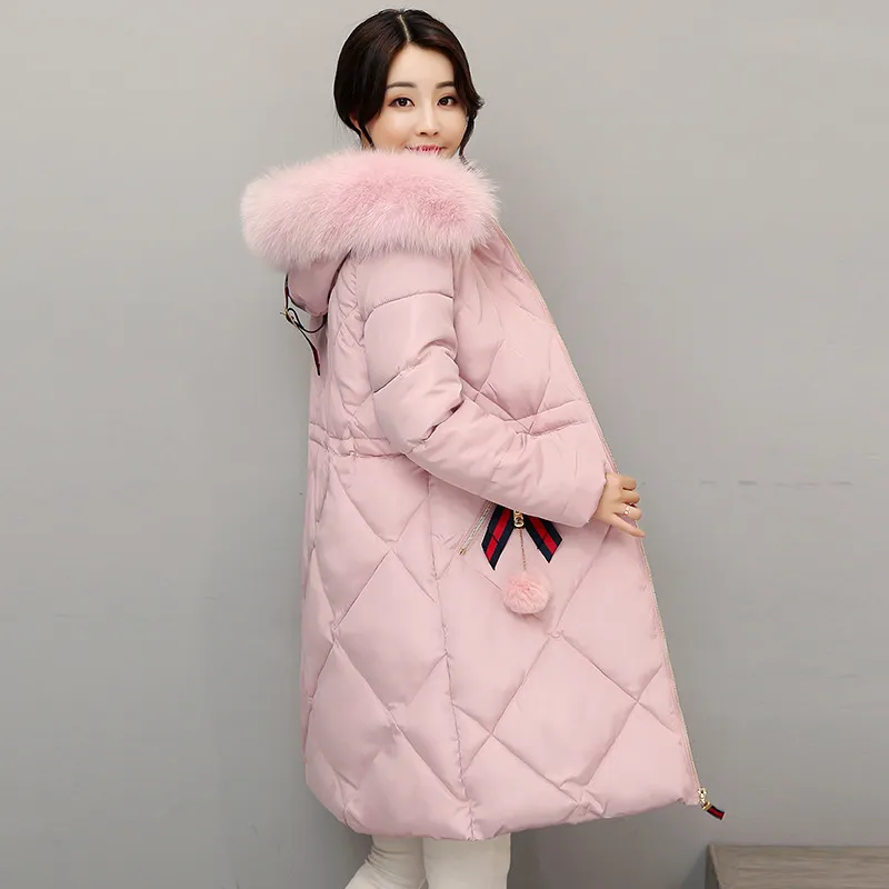 Fashion cotton-padded clothes autumn and winter new Korean long style ladies' cotton-padded clothes thickened slim women's large size coat - Pink