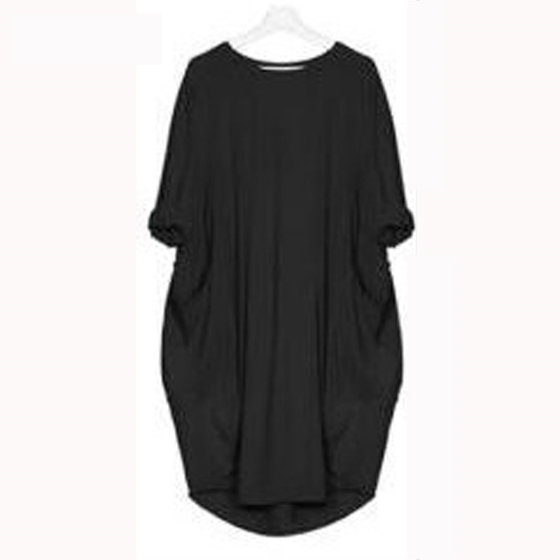 Solid color round neck and fertilizer to increase loose large swing stitching long dress