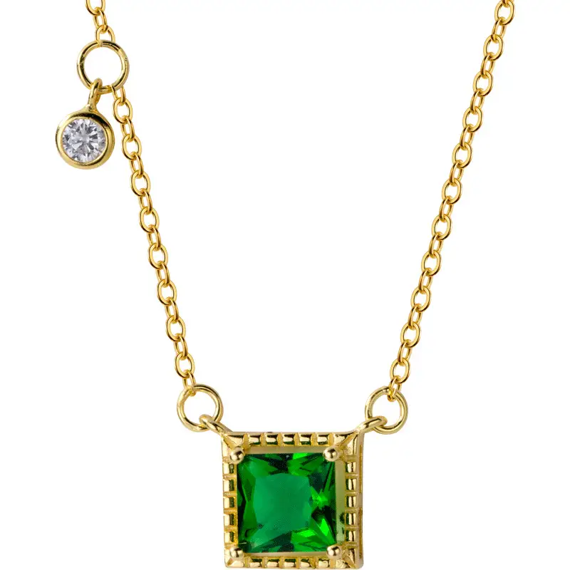 S925 silver set chain female Korean fashion green diamond square pendant temperament personality geometric clavicle chain