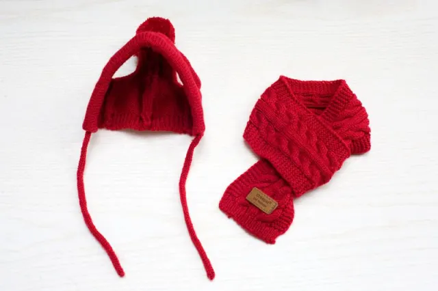 Tide pet clothes dog hat bib suit Teddy Bomei wool scarf autumn winter hat pet scarf Red - Shop at LoveMi