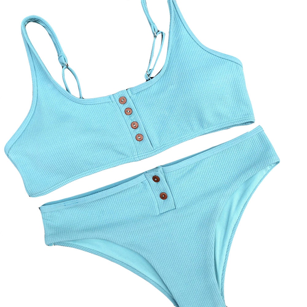 Swimwear Women Sexy buttons Bikini Set Solid Swimsuit Push Up Padded Bra Swiming suit - Image 2