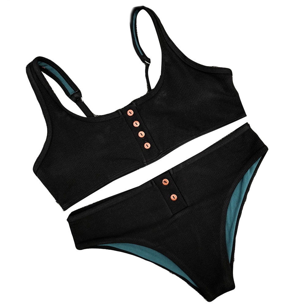 Swimwear Women Sexy buttons Bikini Set Solid Swimsuit Push Up Padded Bra Swiming suit - Image 5
