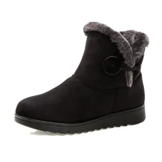 Winter Women Boots Flock Warm Ankle Snow Boots Platform Shoes Woman Slip On Flats Button - Black