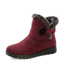 Winter Women Boots Flock Warm Ankle Snow Boots Platform Shoes Woman Slip On Flats Button - Wine - View 1