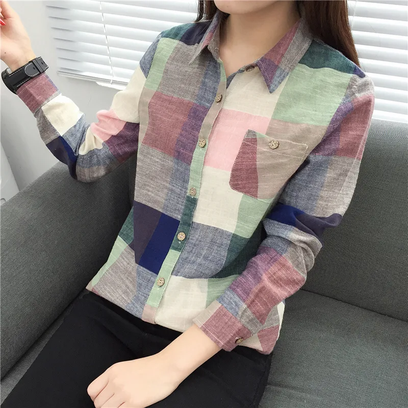 Asual Plaid Women Blouses Kimono Vintage Linen Cotton Long