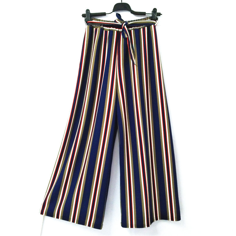 Summer Striped Bohemian Style Wide Leg Pants Bow Ties Decorate Ankle Length Trousers Women Loose Casual Female Pants