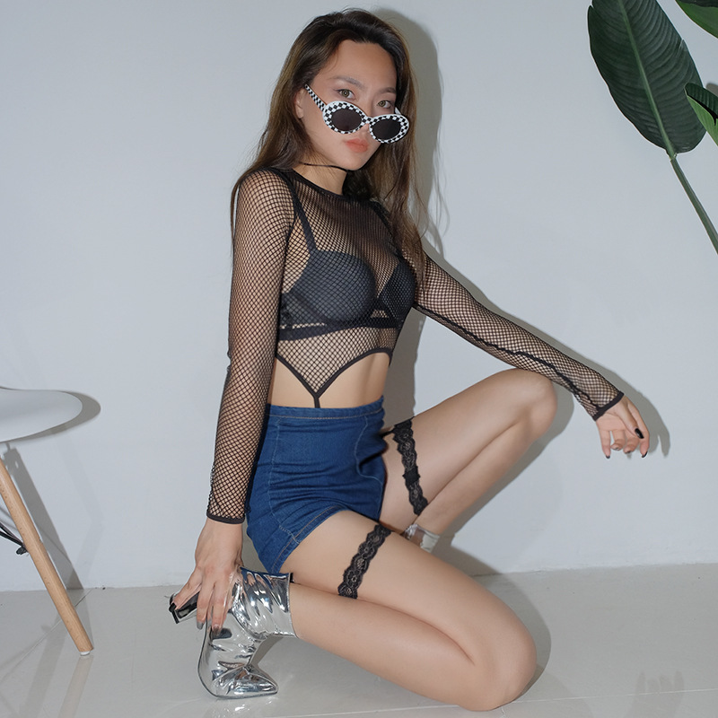 Women's fashion sexy nightclub uniform temptation mesh perspective long-sleeved shirt