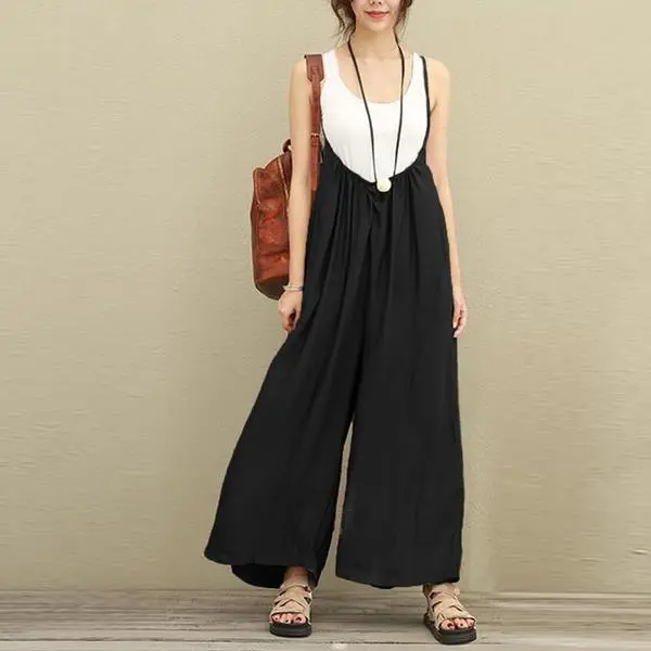 Women cotton linen one piece suspender wide leg pants Black - Shop at LoveMi