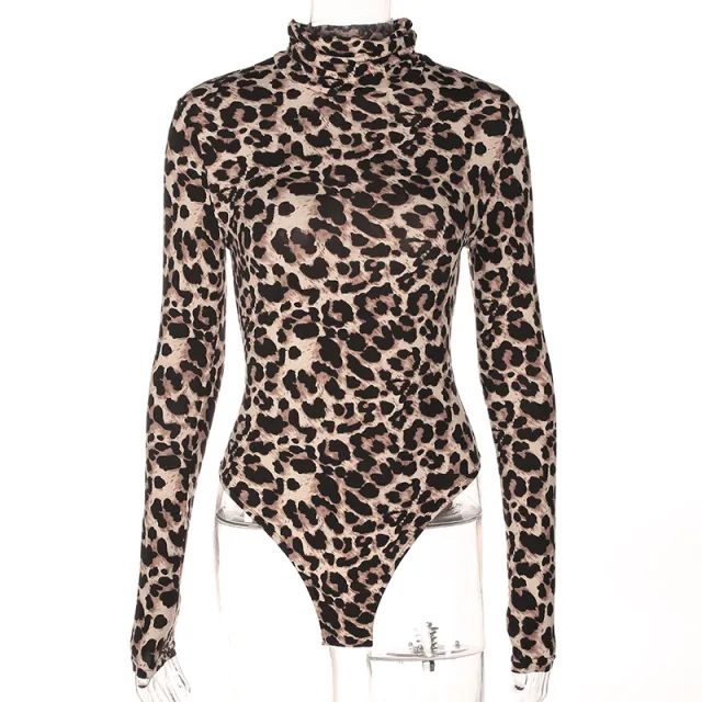 Sexy high collar leopard jumpsuit long sleeved T shirt female corset Leopard - Shop at LoveMi