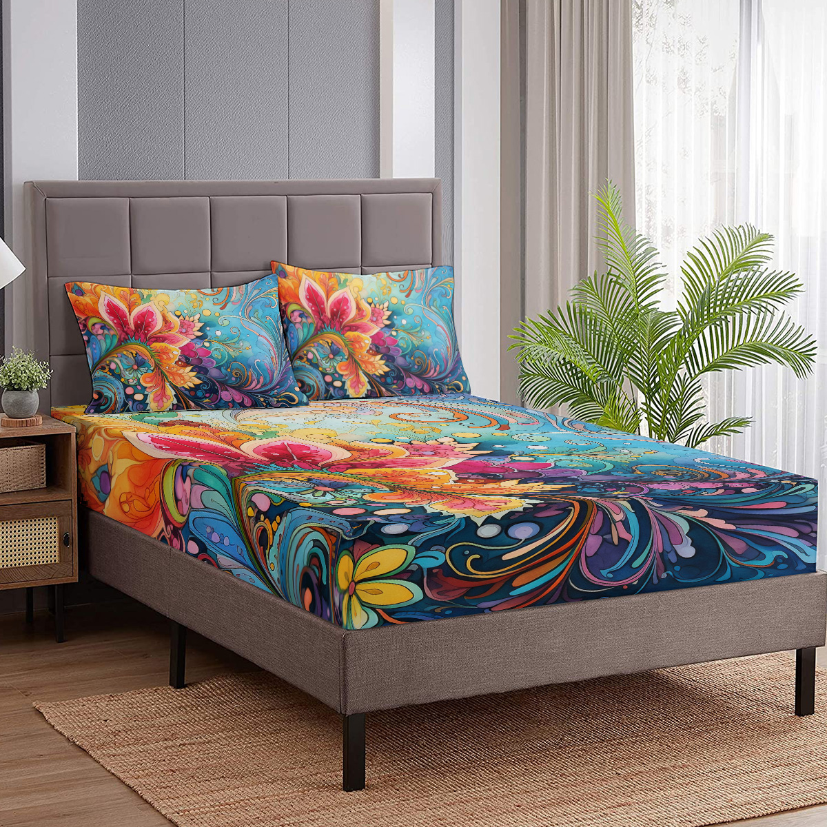 Bedding Fitted Sheet With Deep Pocket Mattress Cover Sheets,Colorful Flowers Printed Fabric Bed Sheets