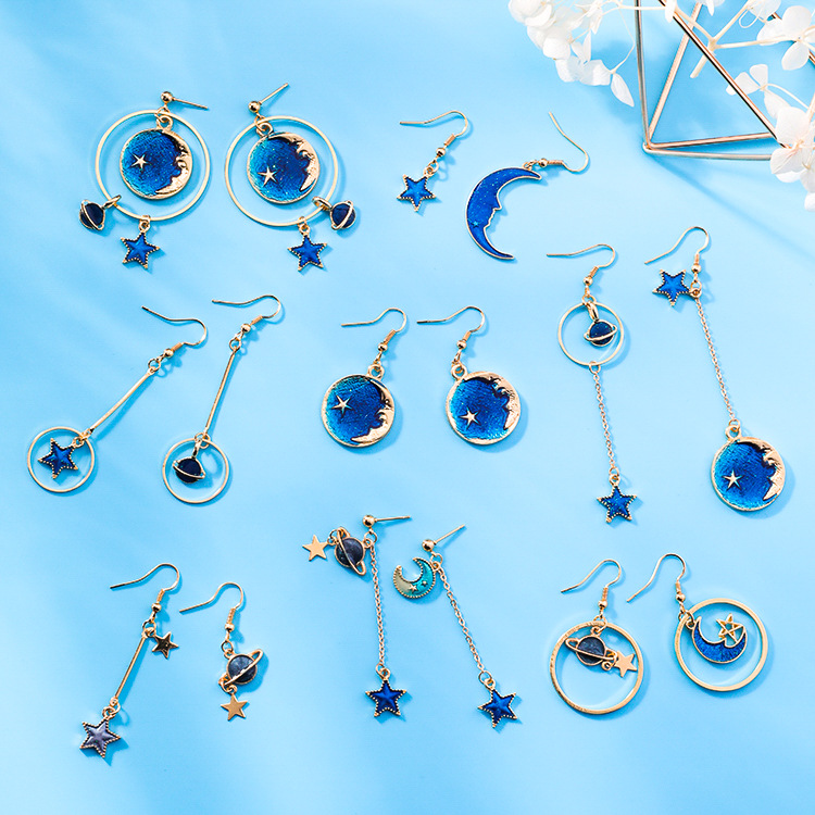 Blue stars moon earrings asymmetric planet geometry round long earrings ear clip women gift jewelry