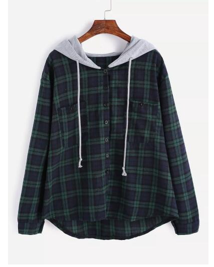 New ladies checkered hooded long sleeve sweater