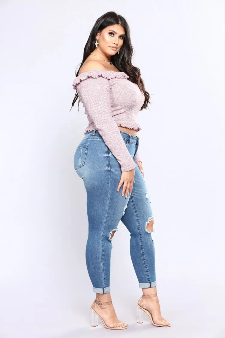 Stretch denim hole high waist ladies jeans - Blue