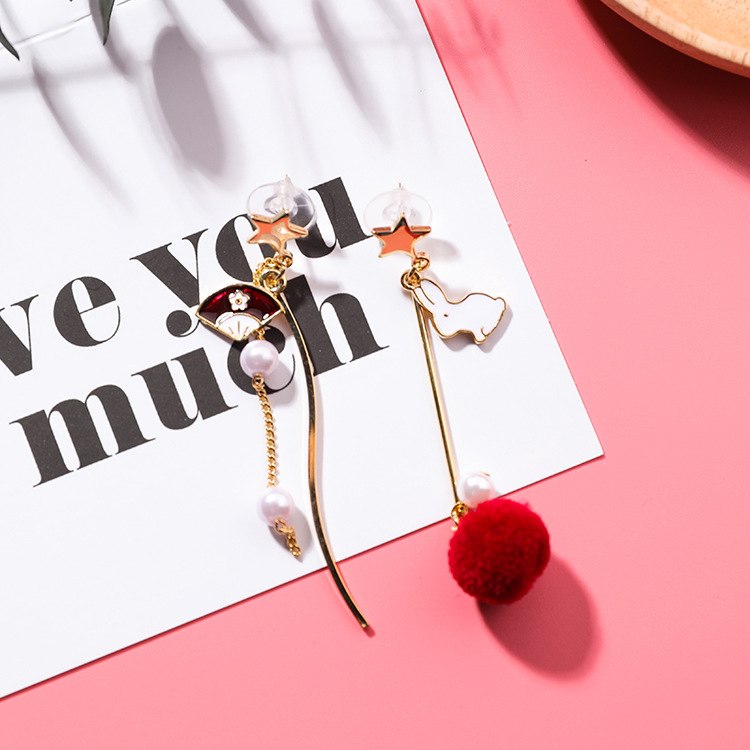 Sweet Cute Rabbit Hair Ball Asymmetric Earrings Personality Sweet Fan Curved Star Earrings Female For Women Stud Earrings