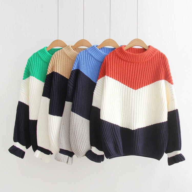 Contrast thick line loose hedging long long thick knit sweater