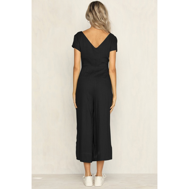 V-neck fashion casual pants button jumpsuit