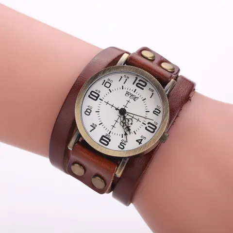 CCQ Vintage Leather Bracelet Watch Antique Women Wrist Casual