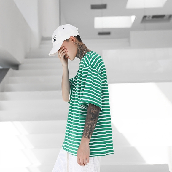 Loose green striped retro BF wind short sleeve