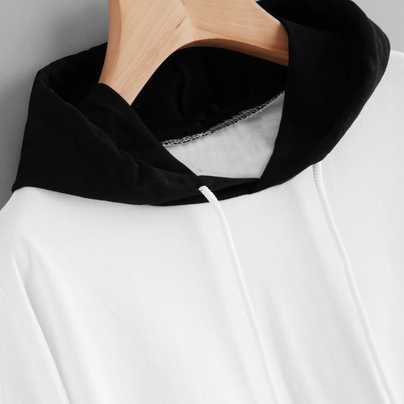 Black and white contrast color pocket sleeve letter print hooded long sleeve pullover sweater