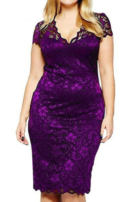 Bag hip V-neck short-sleeved lace sexy slim dress
