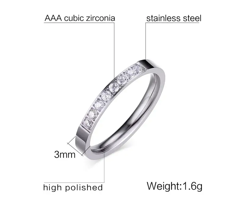 European and American style single ring ladies ring 3MM stainless steel zircon ring