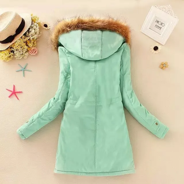 Thick Winter Jacket Women Large Size Long Section Hooded parka outerwear new fashion fur collar Slim padded cotton warm coat - Light Green