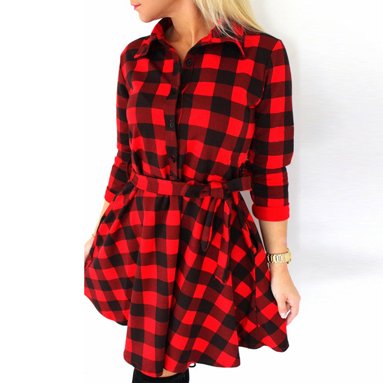 Black And White Plaid Cropped Sleeves Bandage Shirt Dress