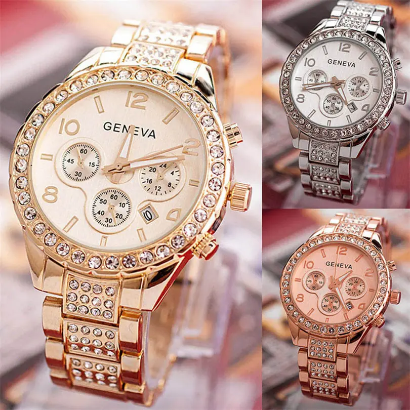 Geneva Diamond Calendar Watch Women Fashion Business Casual Ladies