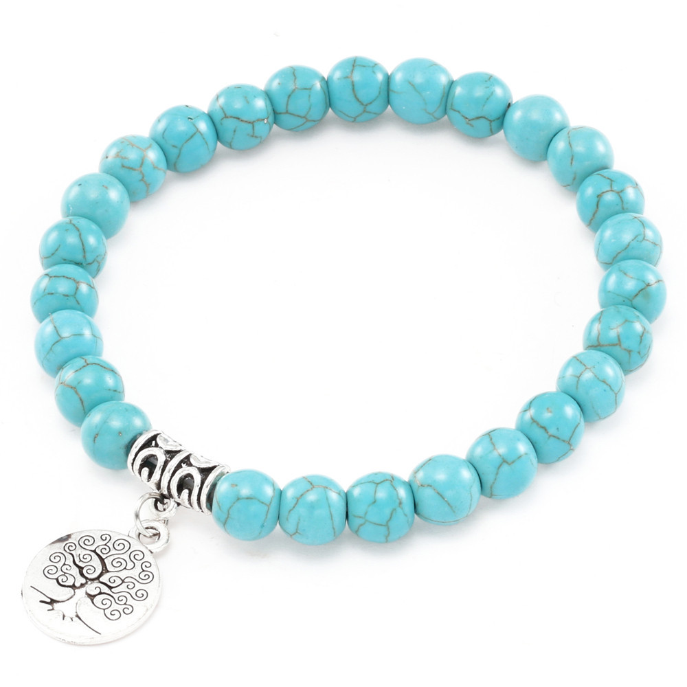 Natural Turquoise Beads Two Handmade Beaded Big Tree Pendant Bracelet