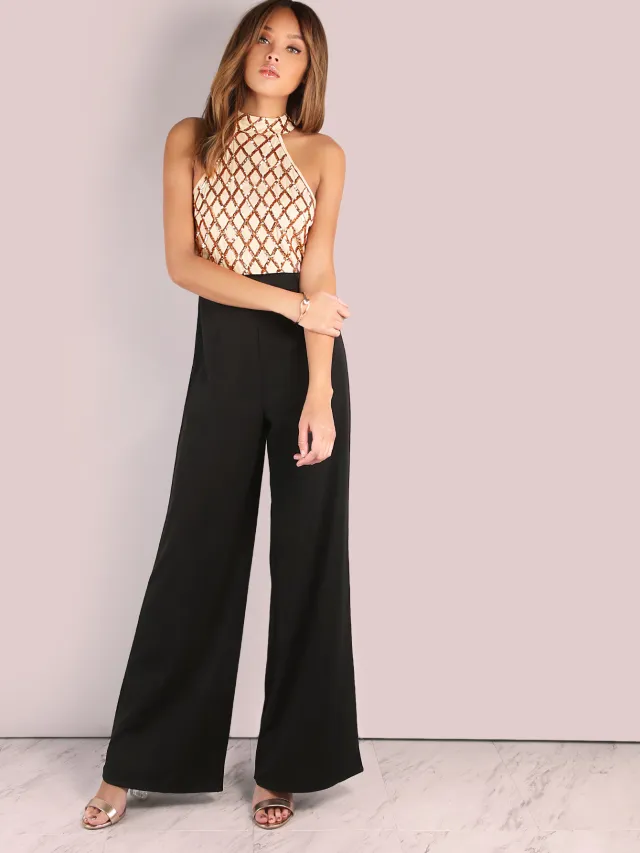 European and American women's sexy jumpsuit hanging neck sequins stitching trumpet jumpsuit trousers Apricot - Shop at LoveMi