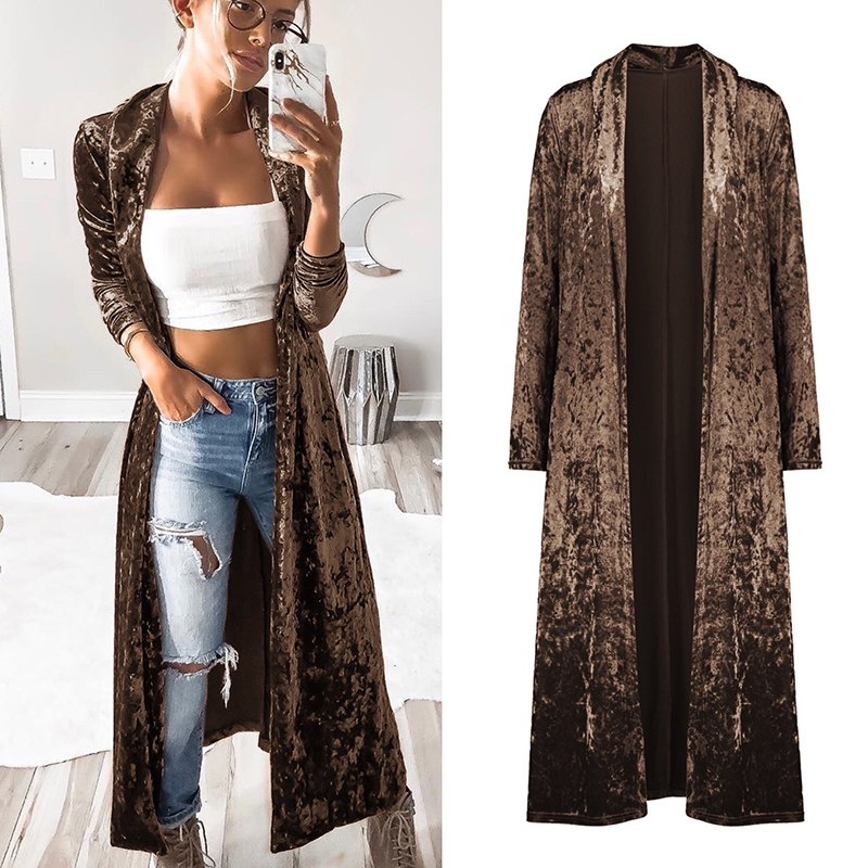 Women's fashion velvet jacket autumn long coat stitch outerwear coat casual tops cardigan women clothing plus size Coffee - Shop at LoveMi