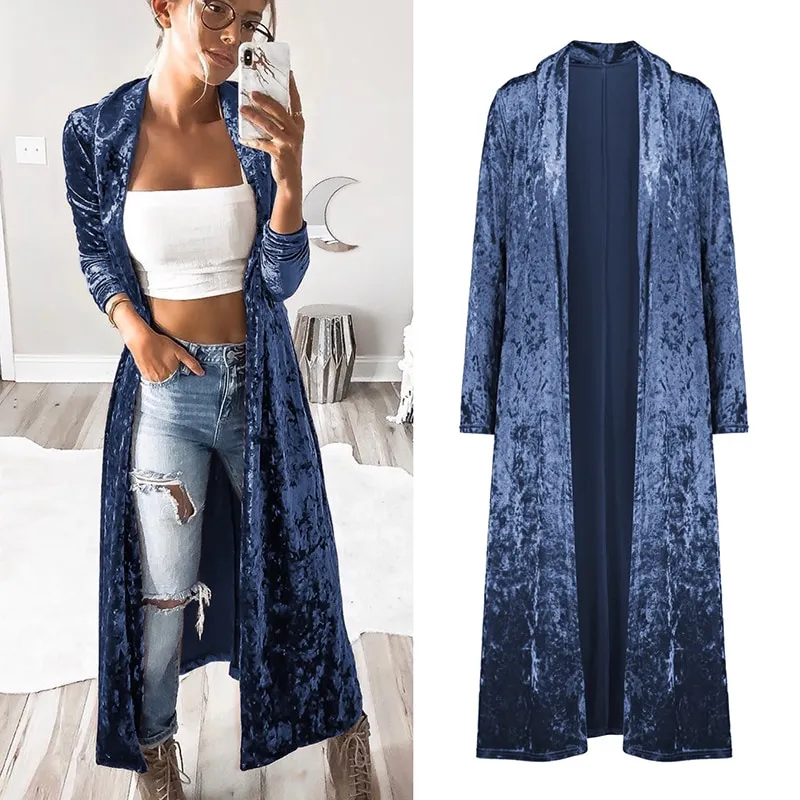 Women's fashion velvet jacket autumn long coat stitch outerwear coat casual tops cardigan women clothing plus size - Blue